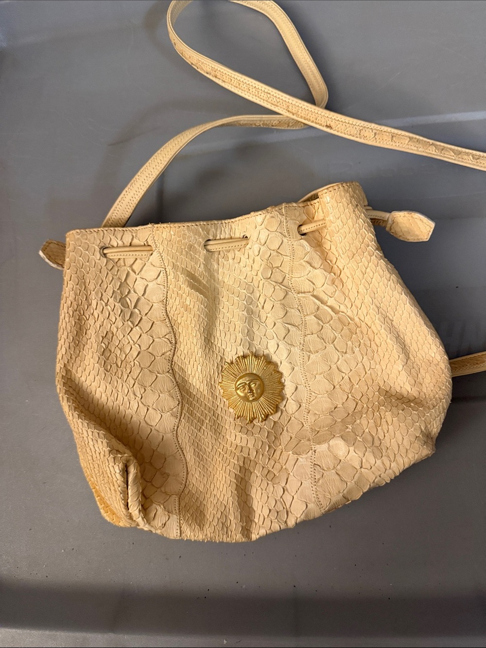 Vintage Carlos Falchi Yellow Genuine Python Snakeskin Drawstring Bucket Bag